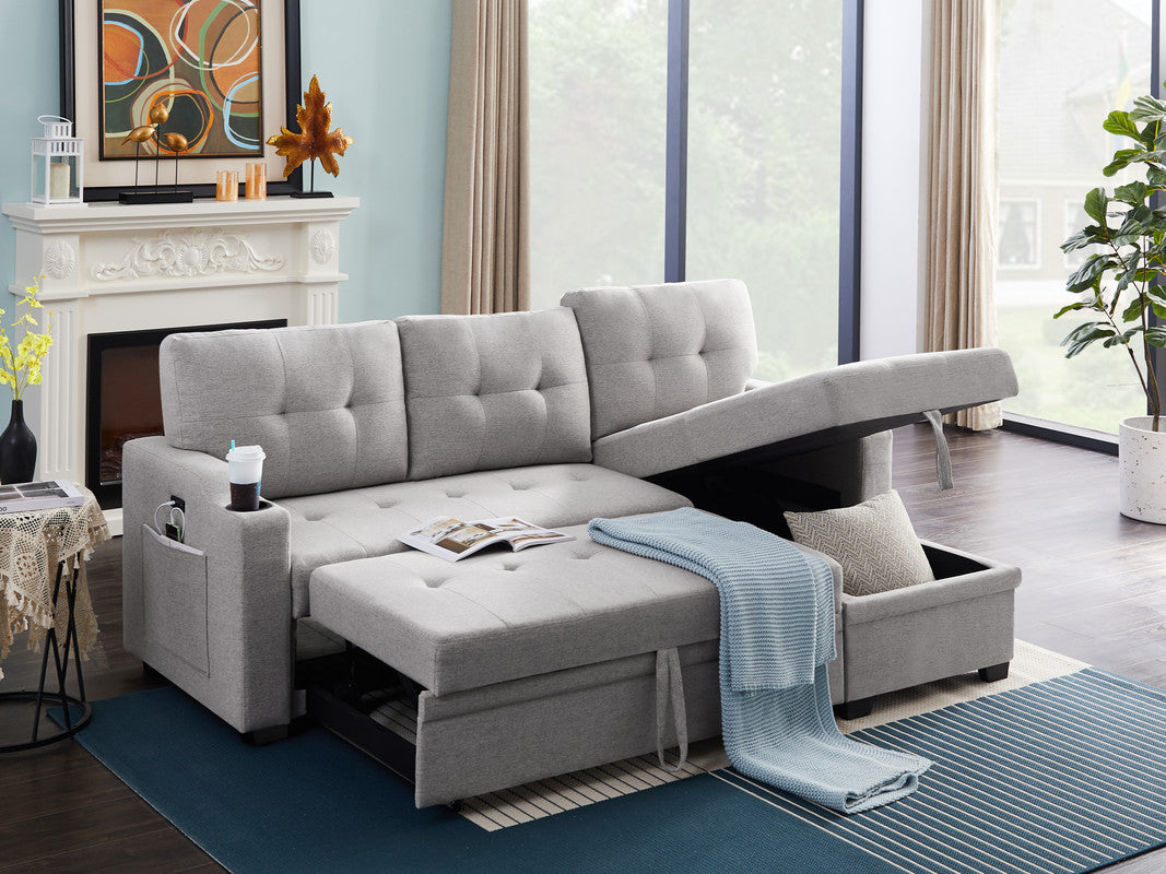 Mabel Light Gray Linen Sleeper Sectional, cupholder, USB charging port, pocket