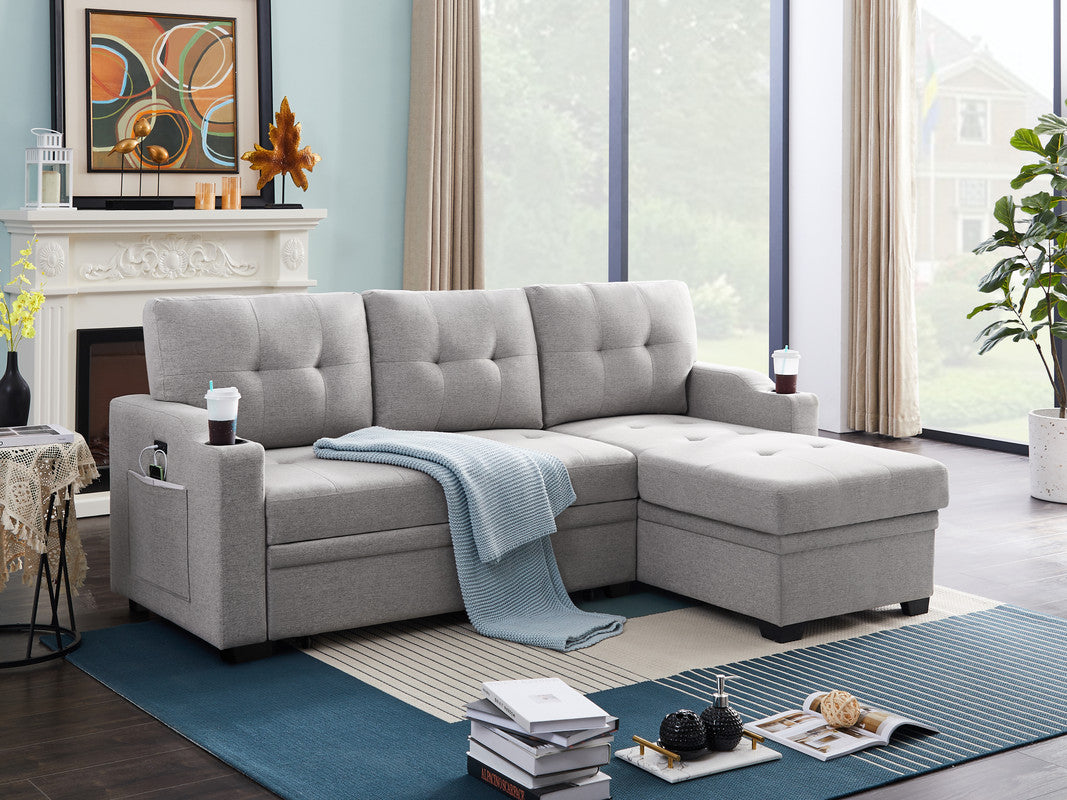 Mabel Light Gray Linen Sleeper Sectional, cupholder, USB charging port, pocket