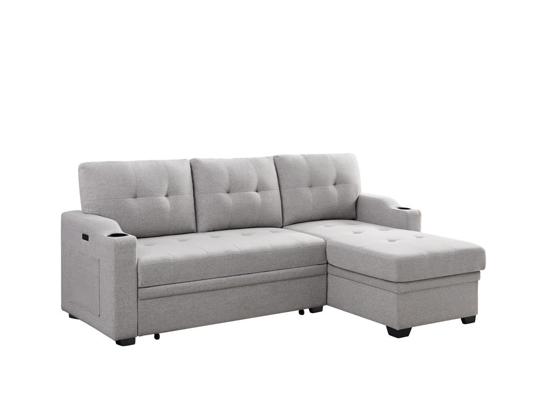 Mabel Light Gray Linen Sleeper Sectional, cupholder, USB charging port, pocket