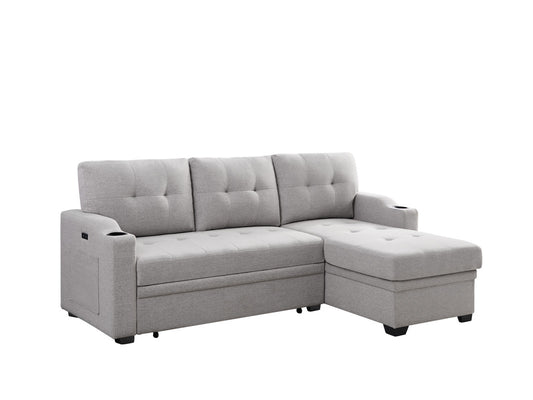 Mabel Light Gray Linen Sleeper Sectional, cupholder, USB charging port, pocket