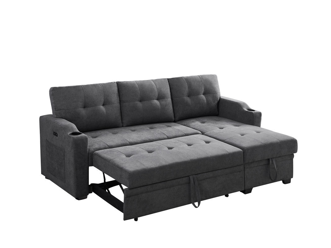 Mabel Dark Gray Woven Sleeper Sectional, cupholder, USB charging port, pocket