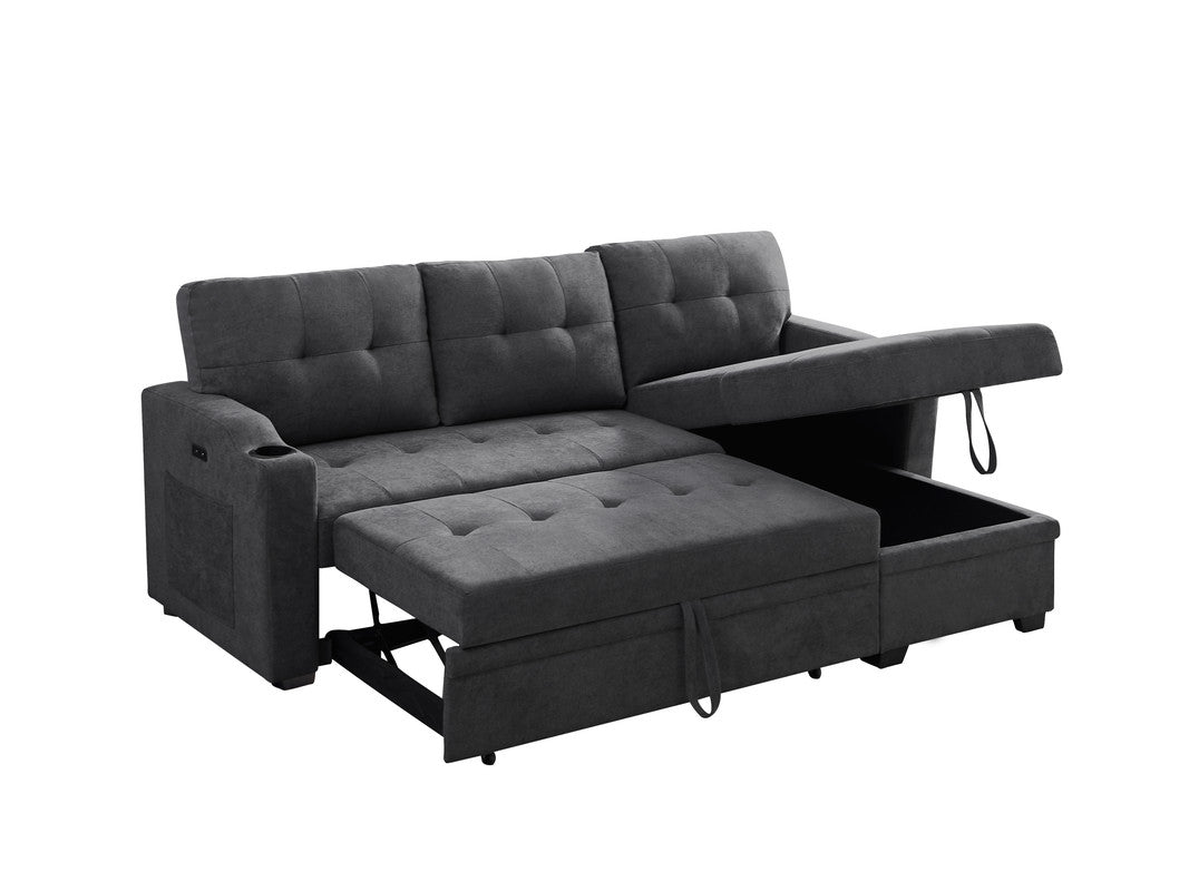 Mabel Dark Gray Woven Sleeper Sectional, cupholder, USB charging port, pocket