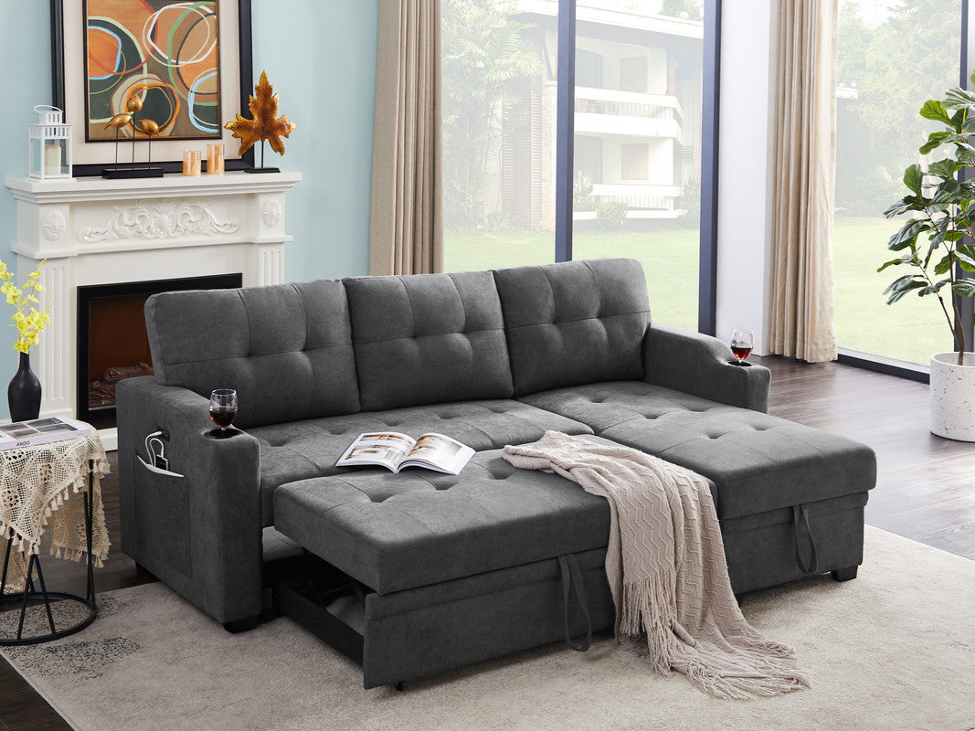 Mabel Dark Gray Woven Sleeper Sectional, cupholder, USB charging port, pocket
