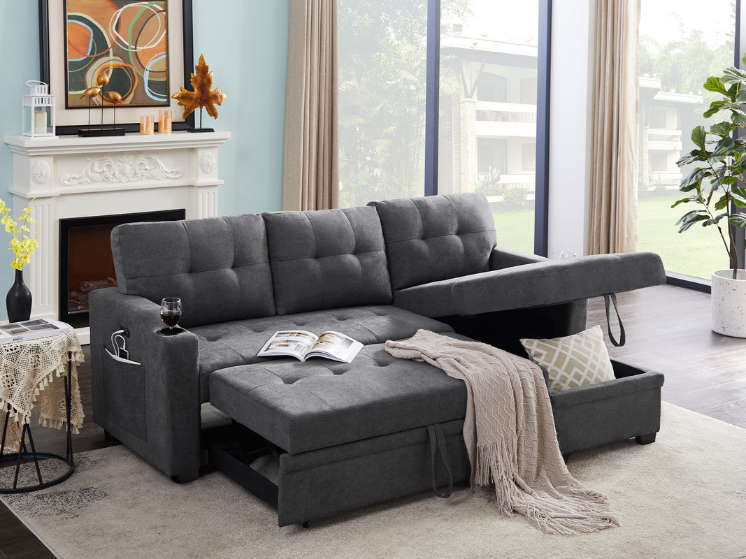 Mabel Dark Gray Woven Sleeper Sectional, cupholder, USB charging port, pocket