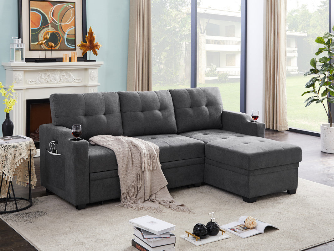 Mabel Dark Gray Woven Sleeper Sectional, cupholder, USB charging port, pocket