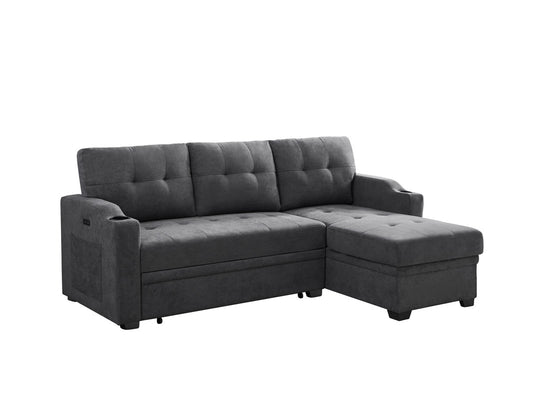 Mabel Dark Gray Woven Sleeper Sectional, cupholder, USB charging port, pocket