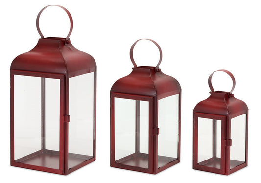 Lantern (Set Of 3) 10"H, 12.75"H, 16"H Iron/Glass, Red, Clear