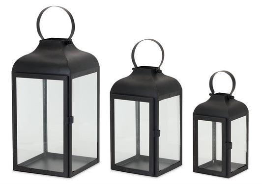 Lantern (Set Of 3) 10"H, 12.75"H, 16"H Iron/Glass, Black, Clear