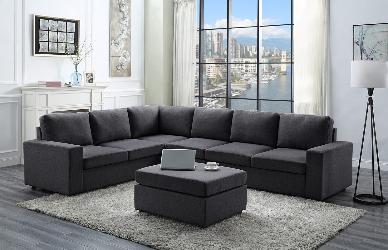 Lilola Home Bayside Modular Sectional Sofa with Ottoman in Dark Gray Linen