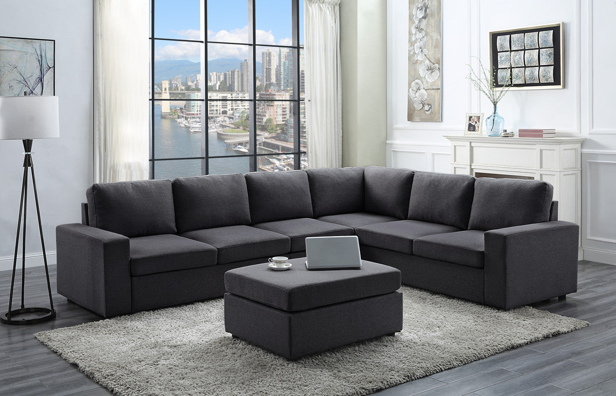 Lilola Home Bayside Modular Sectional Sofa with Ottoman in Dark Gray Linen