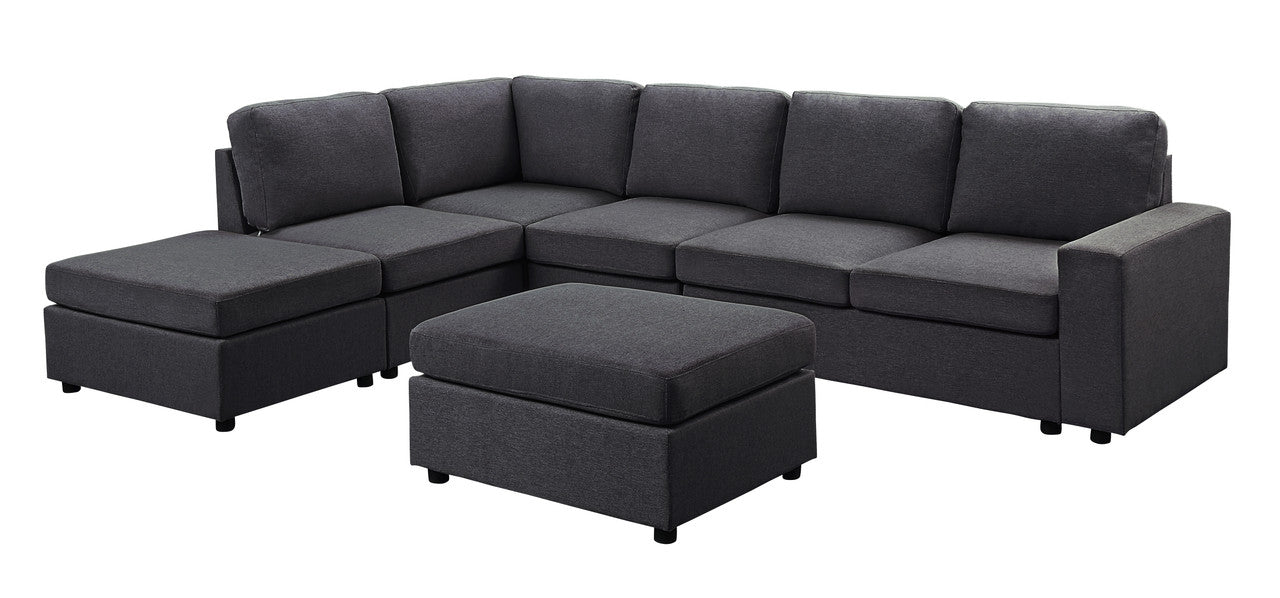 Lilola Home Cassia Modular Sectional Sofa with Ottoman in Dark Gray Linen