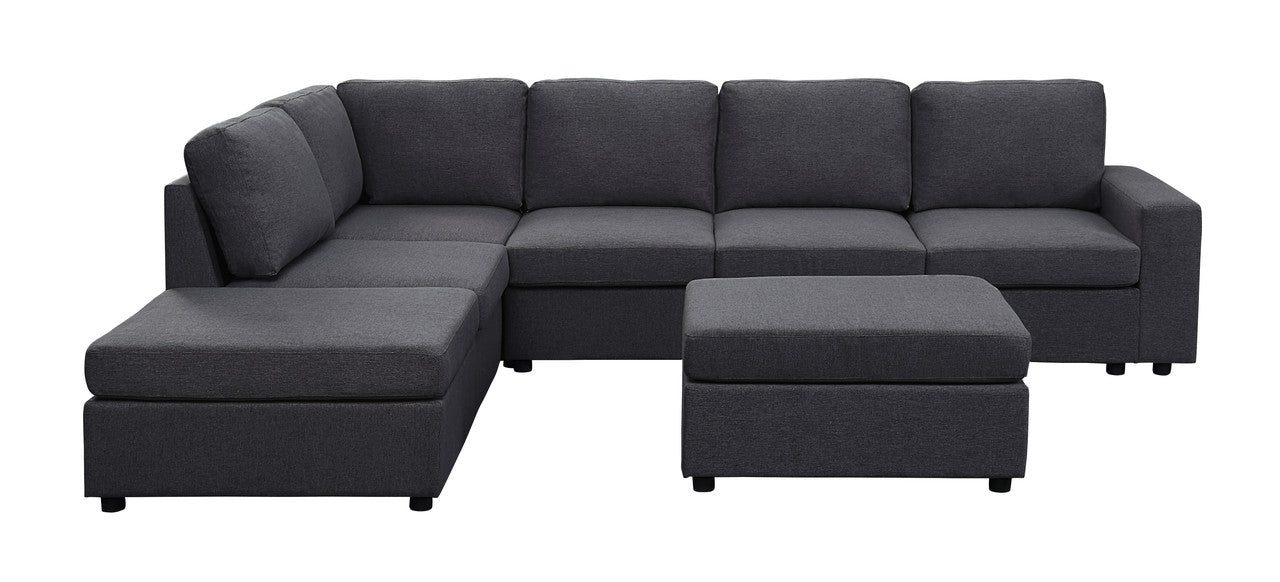 Lilola Home Cassia Modular Sectional Sofa with Ottoman in Dark Gray Linen