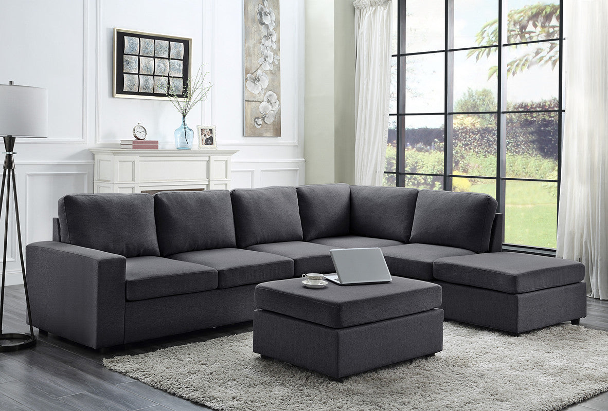 Lilola Home Cassia Modular Sectional Sofa with Ottoman in Dark Gray Linen