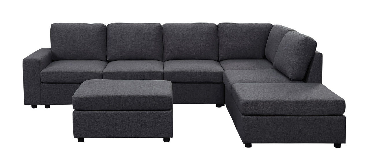 Lilola Home Cassia Modular Sectional Sofa with Ottoman in Dark Gray Linen