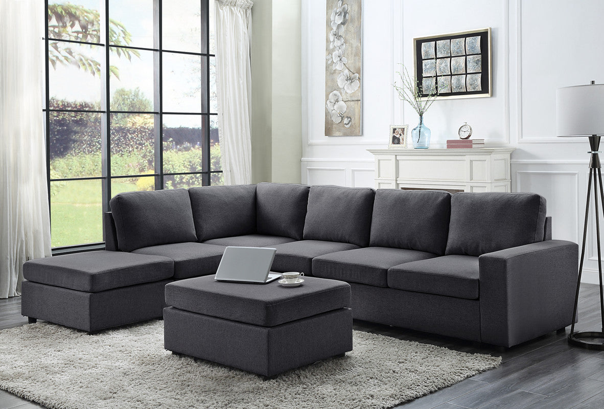 Lilola Home Cassia Modular Sectional Sofa with Ottoman in Dark Gray Linen