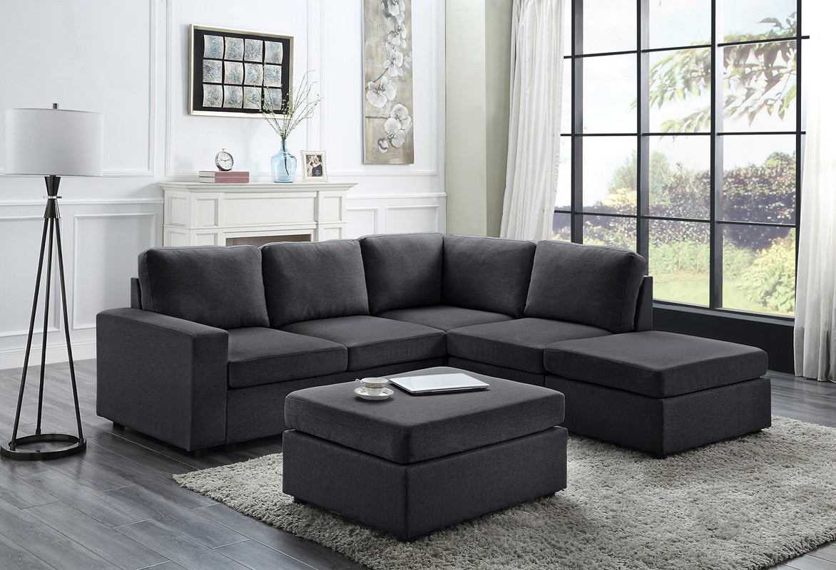 Lilola Home Marta Modular Sectional Sofa with Ottoman in Dark Gray Linen