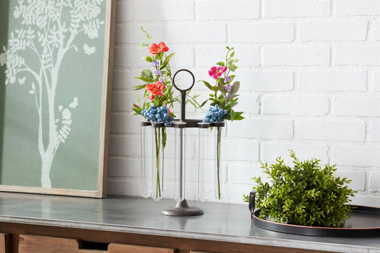Vases In Stand 9.5"D x 15.5"H Iron/Glass