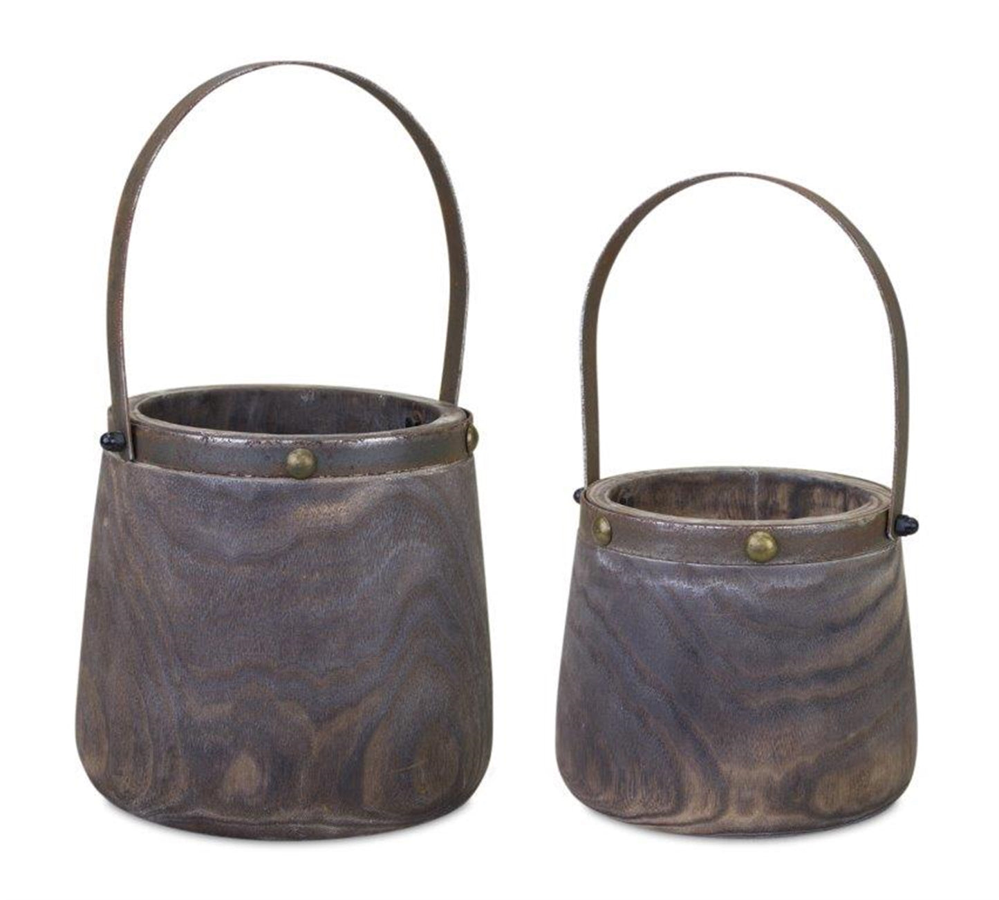 Pail (Set Of 2) 7.5"D x 11.75"H, 9"D x 14"H Wood/Steel, Brown