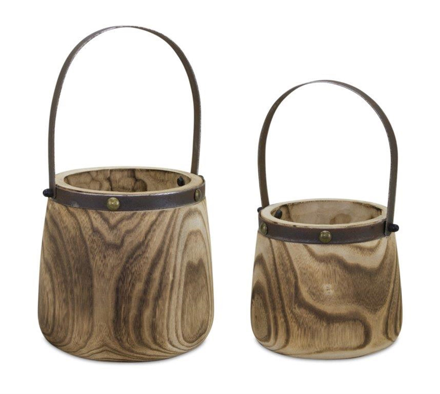 Pail (Set Of 2) 7.5"D x 11.75"H, 9"D x 14"H Wood/Steel, Natural