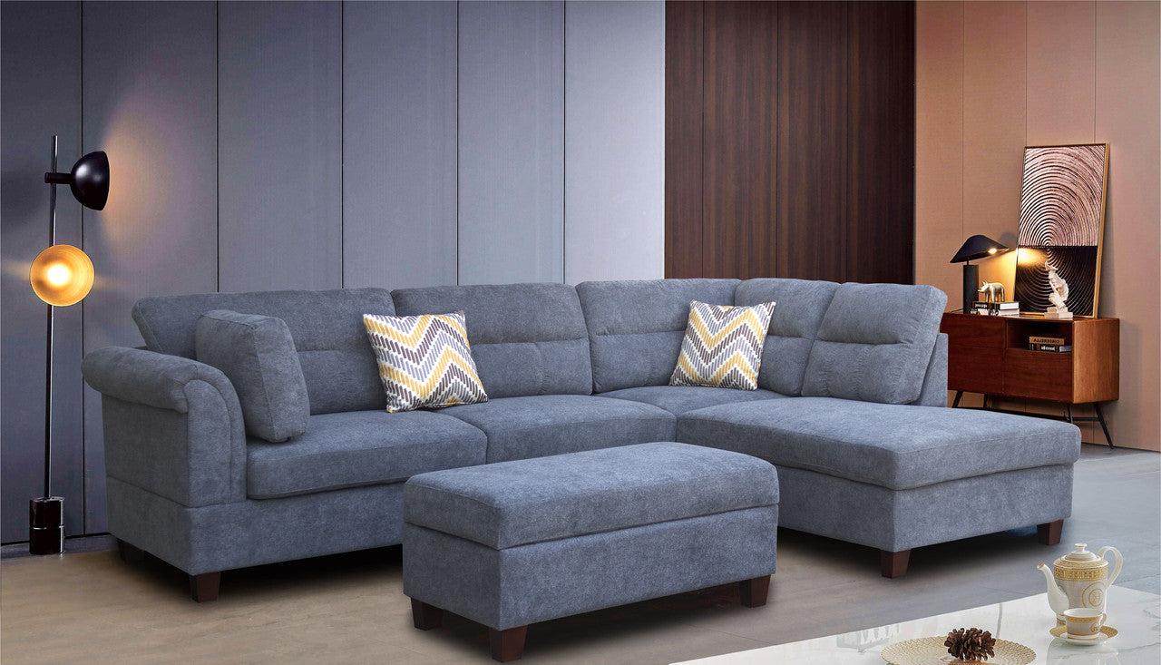 Diego Gray Fabric Sectional Sofa, Storage Ottoman, and 2 Accent Pillows