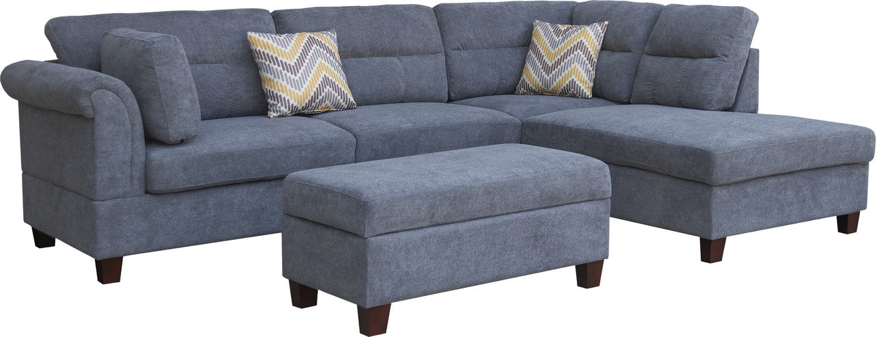 Diego Gray Fabric Sectional Sofa, Storage Ottoman, and 2 Accent Pillows