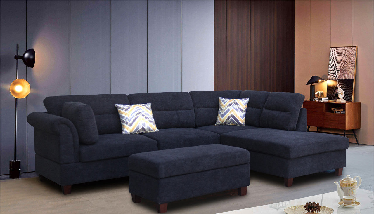 Diego Black Fabric Sectional Sofa, Storage Ottoman, and 2 Accent Pillows