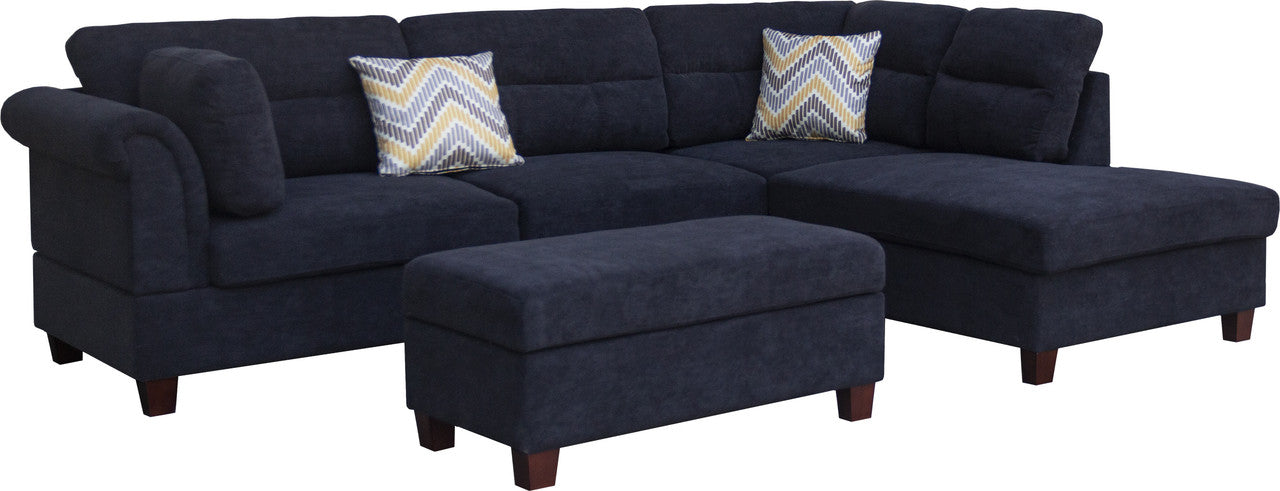 Diego Black Fabric Sectional Sofa, Storage Ottoman, and 2 Accent Pillows