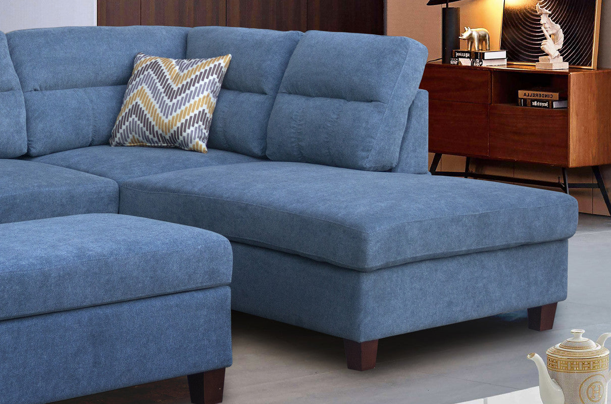 Diego Blue Fabric Sectional Sofa, Storage Ottoman, and 2 Accent Pillows