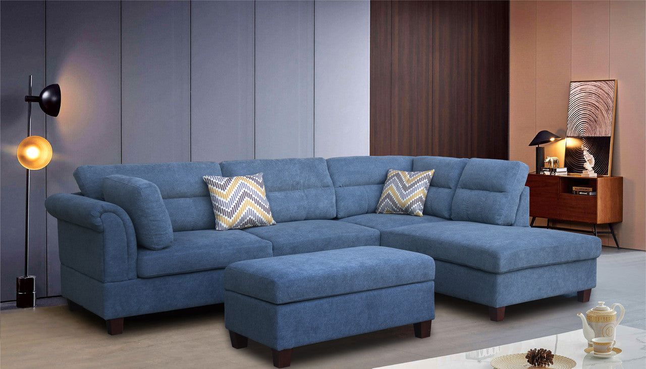Diego Blue Fabric Sectional Sofa, Storage Ottoman, and 2 Accent Pillows