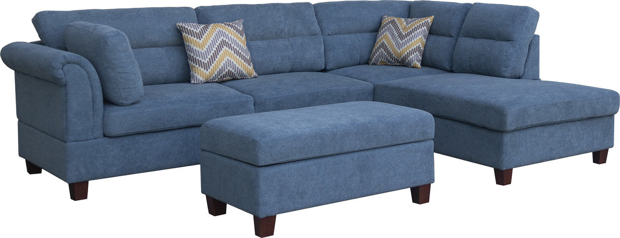 Diego Blue Fabric Sectional Sofa, Storage Ottoman, and 2 Accent Pillows