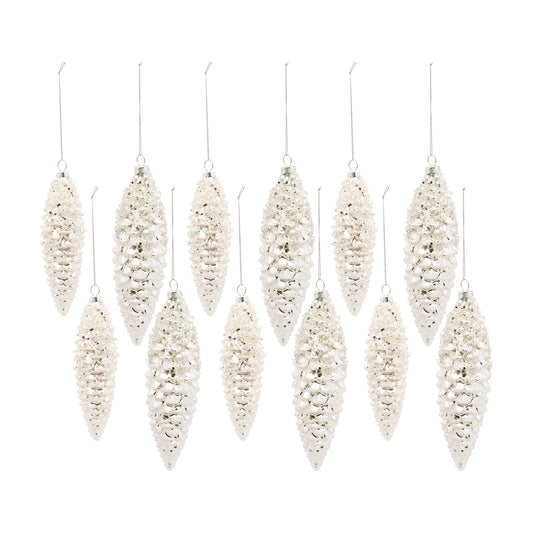 Pine Cone Ornament (Set Of 12) 6.25"H, 7.25"H Glass, White
