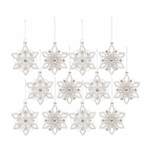 Snowflake Ornament (Set Of 12) 5.5"H Glass, White, Blue