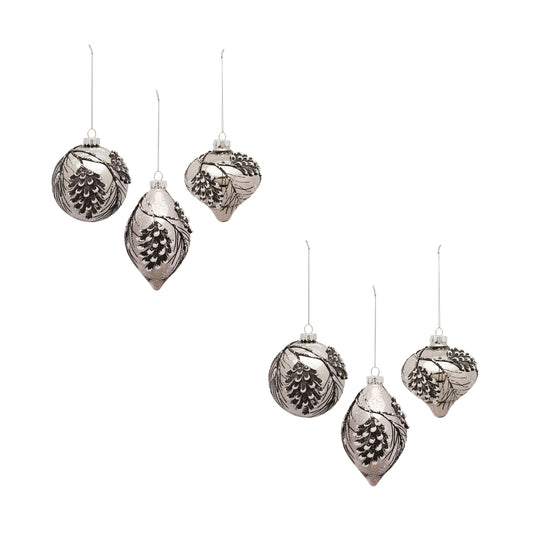 Ornament (Set Of 6) 5"H, 5"H, 5.75"H Glass, Blue, Silver
