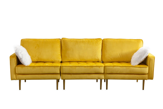 Lilola Home Theo Yellow Velvet Sofa with Pillows