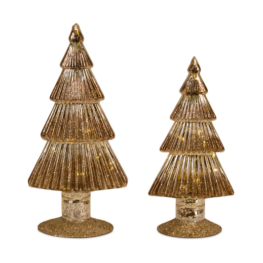 Led Tree (Set Of 2) 10"H, 12"H Glass 2 Aa Batteries Not Included