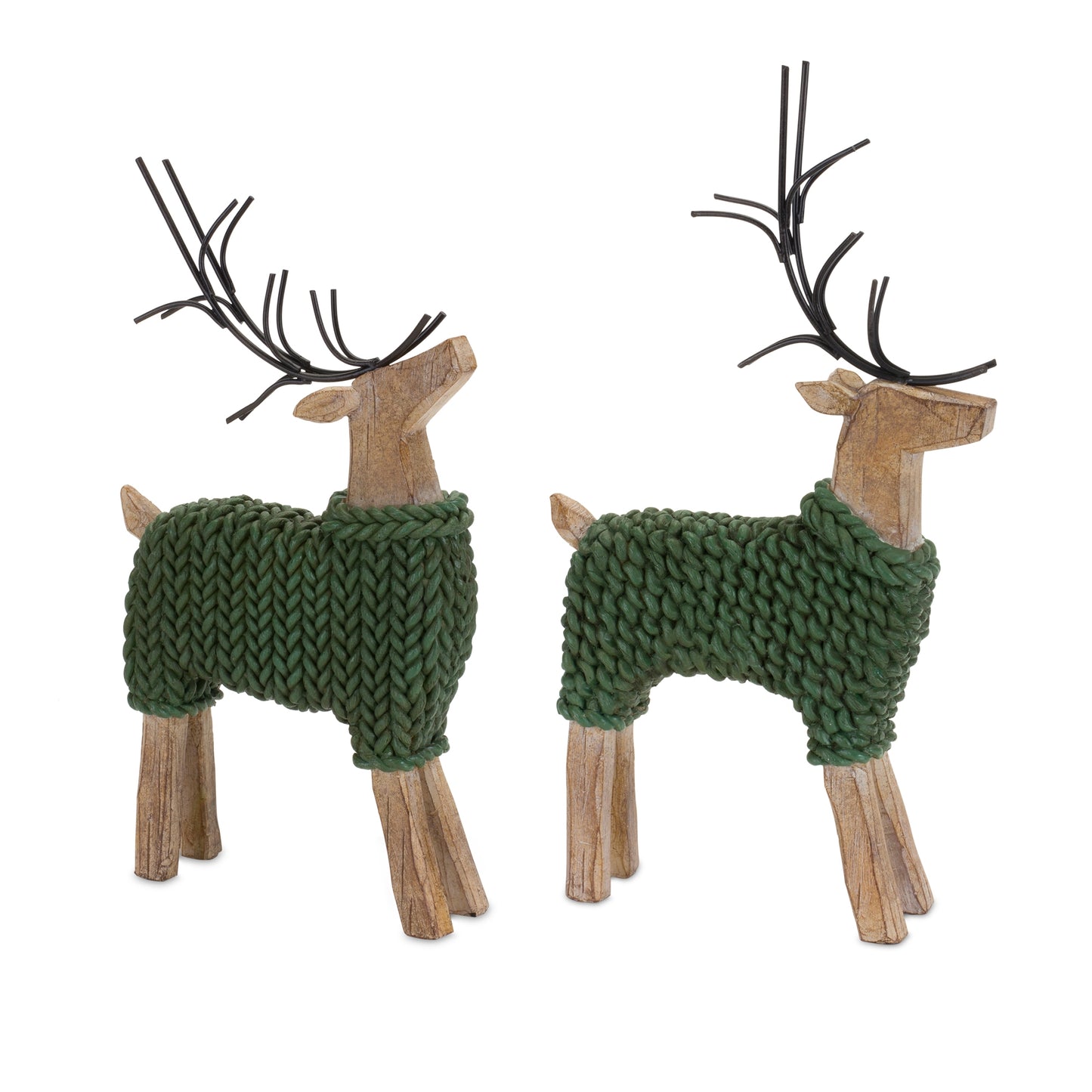 Deer W/Sweater (Set Of 2) 10.75"H, 12"H Resin/Metal, Green, Brown