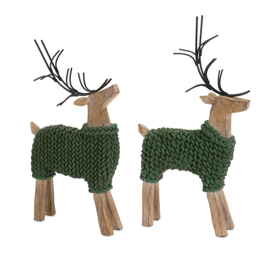 Deer W/Sweater (Set Of 2) 10.75"H, 12"H Resin/Metal, Green, Brown