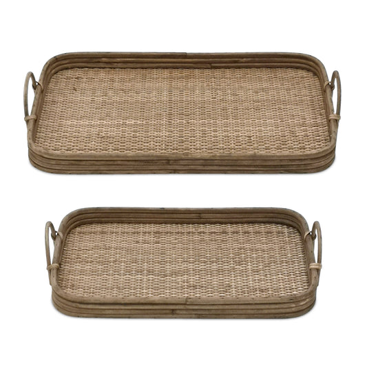 Tray (Set Of 2) 16"L x 10"W, 19"L x 12"W Rattan/Wood