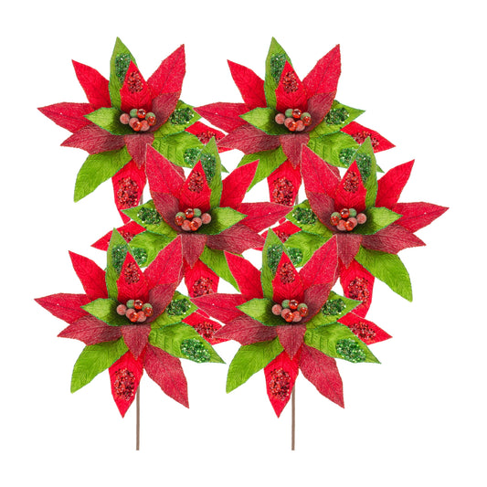 Poinsettia Stem (Set Of 6) 23.5"H Polyester, Red, Green