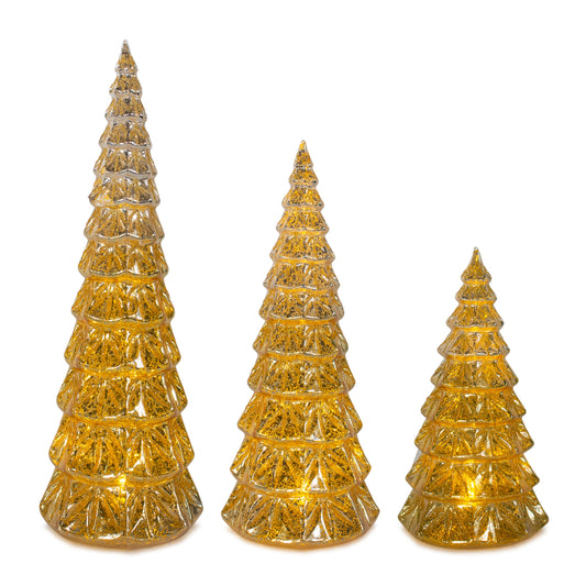 Led Tree (Set Of 3) 7.5"H, 9"H, 12"H Glass 3 Lr44 Batteries Not Included