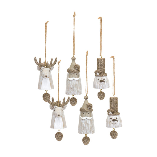 Santa/Snowman/Deer Bell Ornament (Set Of 6) 4.25"H, 4.25"H, 5"H Resin