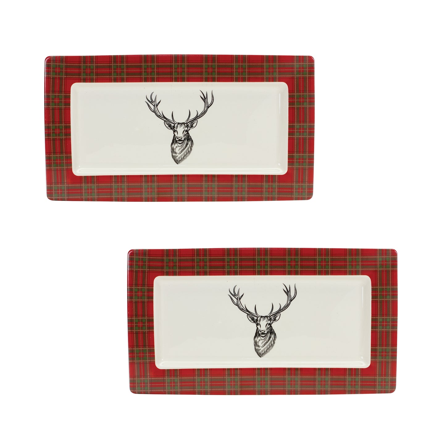 Plaid And Deer Platter (Set Of 2) 13.25"L x 7.5"W x .75"H Ceramic