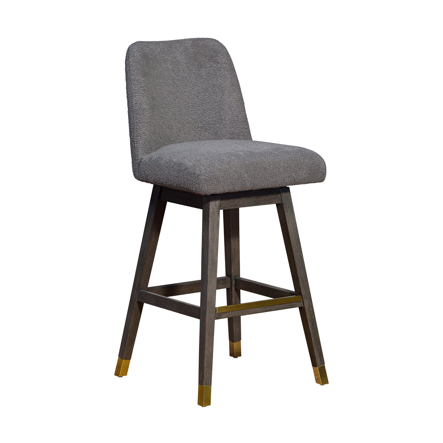 Amalie Swivel Bar Stool in Grey Oak Wood Finish with Grey Boucle Fabric