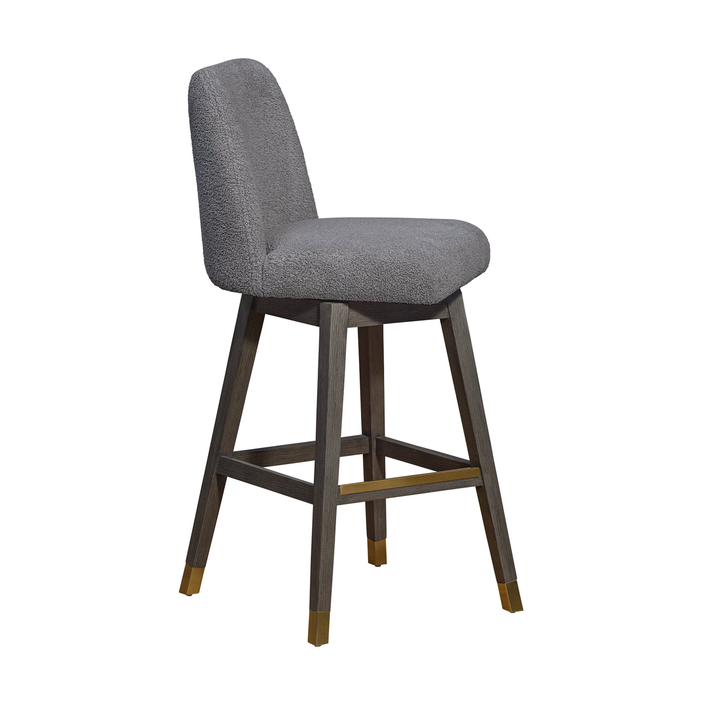 Amalie Swivel Bar Stool in Grey Oak Wood Finish with Grey Boucle Fabric