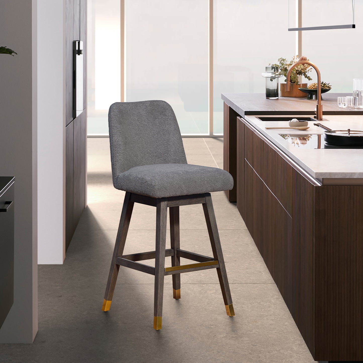 Amalie Swivel Bar Stool in Grey Oak Wood Finish with Grey Boucle Fabric