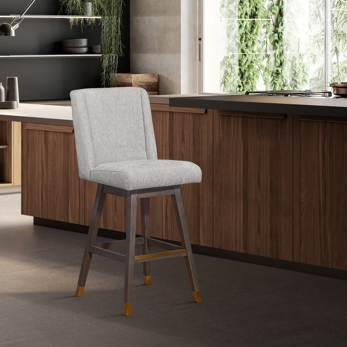 Stancoste Swivel Bar Stool in Grey Oak Wood Finish with Mocha Fabric