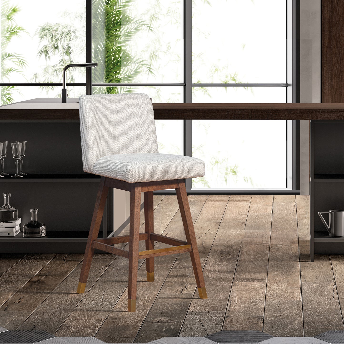 Basila Swivel Bar Stool in Brown Oak Wood Finish with Beige Fabric