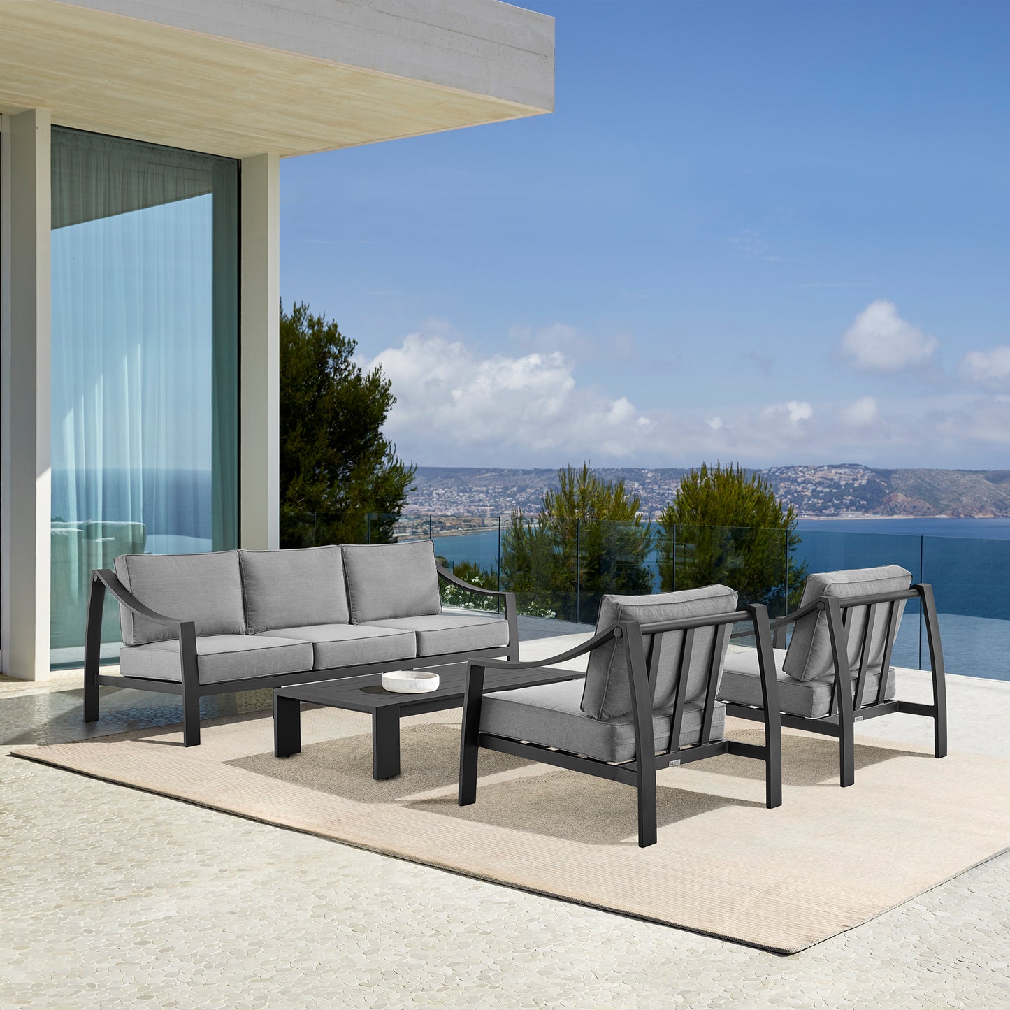 Mongo 4 Piece Outdoor Patio Furniture Set in Black Aluminum with Grey Cushions