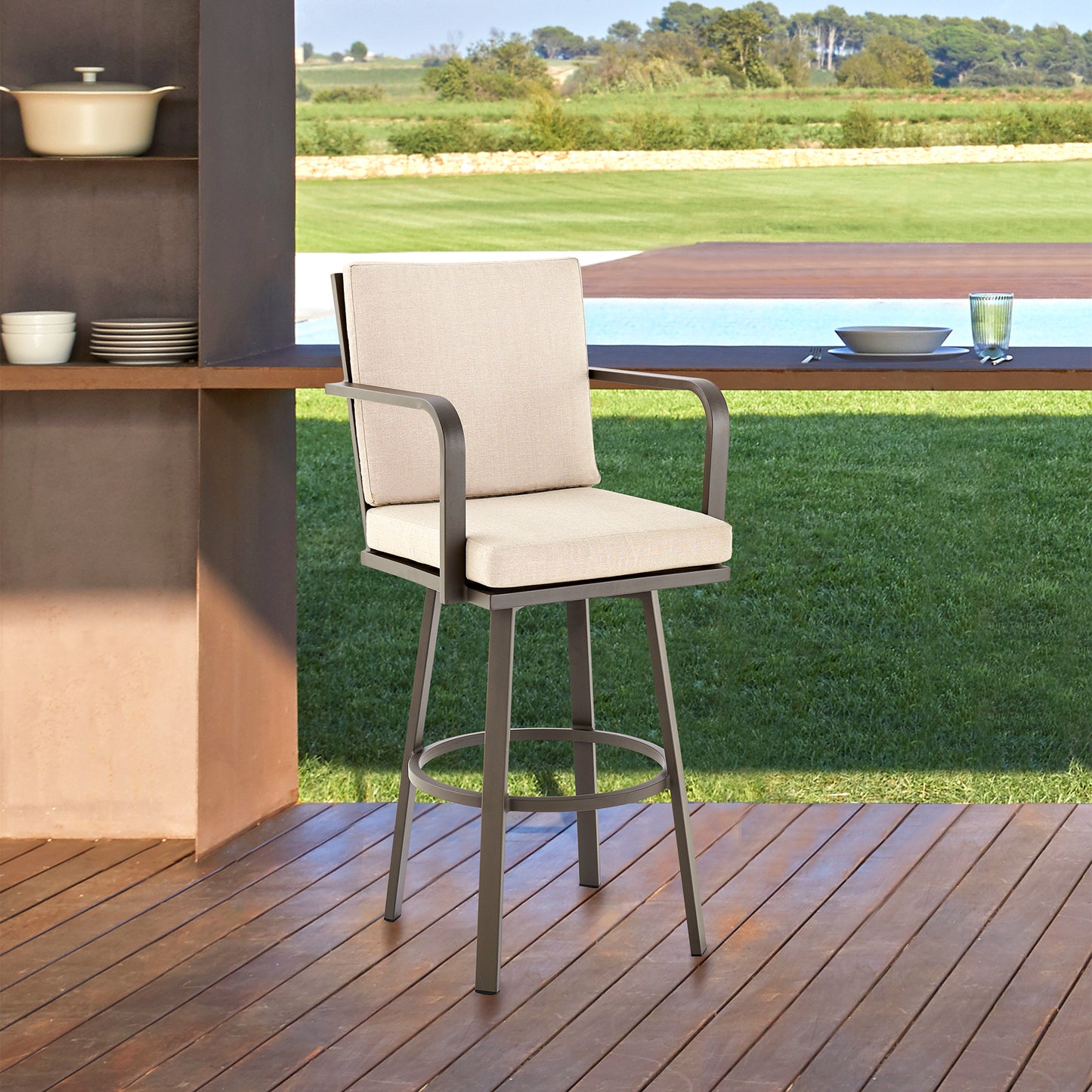 Don 30" Outdoor Patio Bar Stool in Brown Aluminum with Cushions