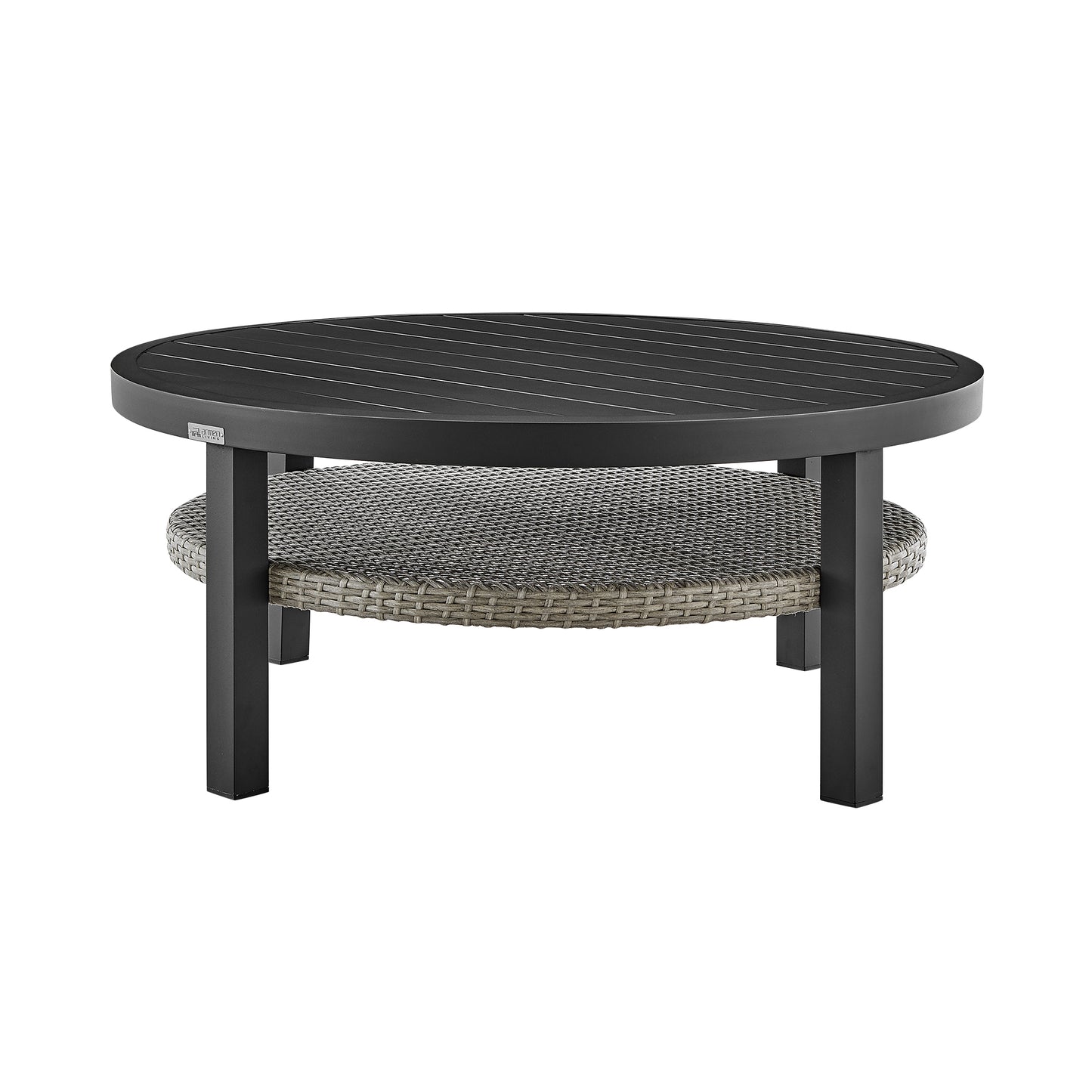 Aileen Patio Round Coffee Table in Black Aluminum with Grey Wicker Shelf